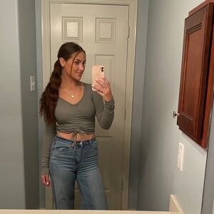 Hollister Green Long Sleeve Ruched Crop Top